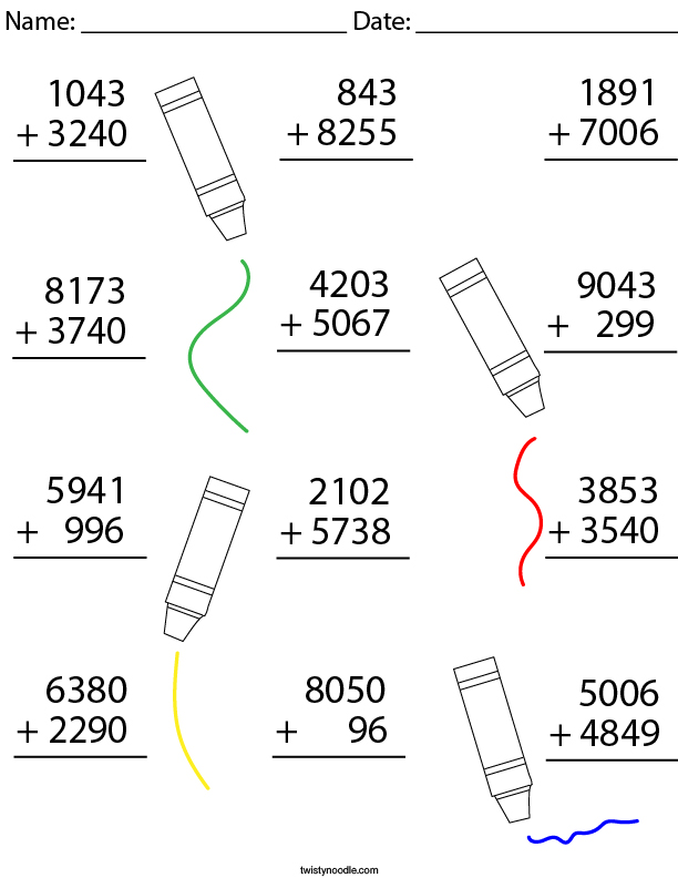 4 Digit Addition Math Worksheet - Twisty Noodle